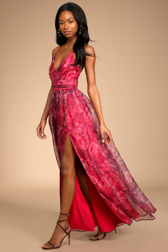 Sleeveless Chiffon Evening Gown - Pink / Floral Print